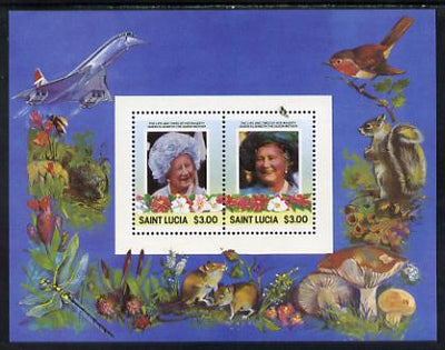 St Lucia 1985 Life & Times of HM Queen Mother m/sheet containing 2 x $3 values (depicts Concorde, Fungi, Butterflies, Birds & Animals) perf with silver (inscriptions) omitted, unmounted mint and only recently discovered