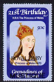 St Vincent - Grenadines 1982 Princess Di's 21st Birthday 50c Royal Baby opt (Mustique) unmounted mint with wmk inverted, SG 234wD