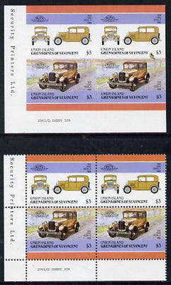 St Vincent - Union Island 1986 $3 Ford Model A unmounted mint imperf block of 4 (2 se-tenant pairs) with matched normal perf block
