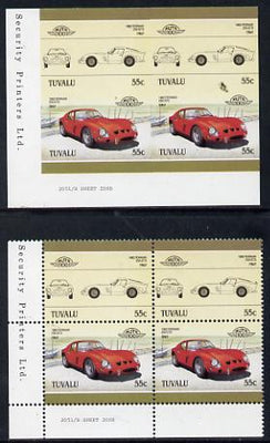 Tuvalu 1985 55c Ferrari unmounted mint imperf corner block of 4 (2 se-tenant pairs as SG 366a) with matched normal perf block