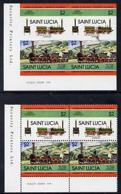 St Lucia 1984 Locomotives #2 (Leaders of the World) $2 'Der Adler 2-2-2' unmounted mint imperf corner block of 4 (2 se-tenant pairs as SG 725a) with matched normal perf block