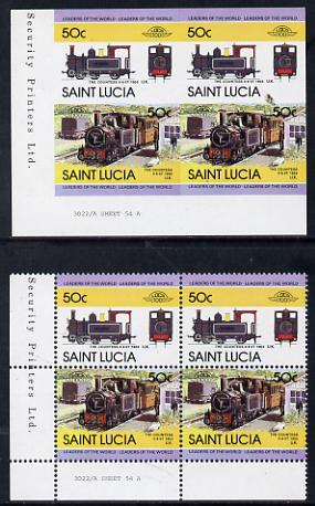 St Lucia 1984 Locomotives #2 (Leaders of the World) 50c 'Countess 0-6-0' unmounted mint imperf corner block of 4 (2 se-tenant pairs as SG 719a) with matched normal perf block