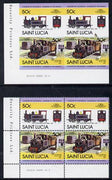 St Lucia 1984 Locomotives #2 (Leaders of the World) 50c 'Countess 0-6-0' unmounted mint imperf corner block of 4 (2 se-tenant pairs as SG 719a) with matched normal perf block