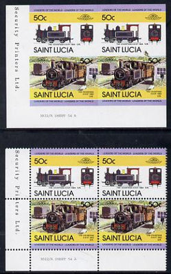 St Lucia 1984 Locomotives #2 (Leaders of the World) 50c 'Countess 0-6-0' unmounted mint imperf corner block of 4 (2 se-tenant pairs as SG 719a) with matched normal perf block