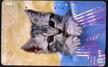 Telephone Card - Japan 105 units phone card showing Kitten in Festive Box (vert) (card dated 15.7.1990)