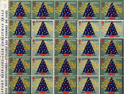 Cinderella - Canada 1967 Christmas TB Seals, unmounted mint sheet of 100 (Christmas Tree design outlined to show the number '100') sheet folded