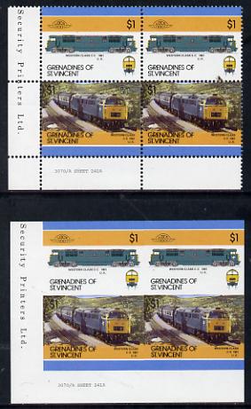 St Vincent - Grenadines 1986 Locomotives #6 (Leaders of the World) $1 (Western Diesel) in unmounted mint imperf block of 4 (2 se-tenant pairs as SG 451a) plus matched normal perf block
