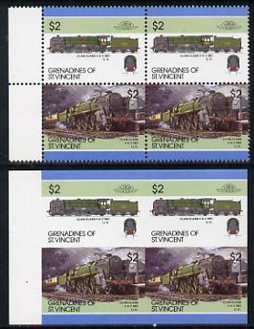 St Vincent - Grenadines 1986 Locomotives #6 (Leaders of the World) $2 (4-6-2 Clan Class) in unmounted mint imperf block of 4 (2 se-tenant pairs as SG 455a) plus matched normal perf block