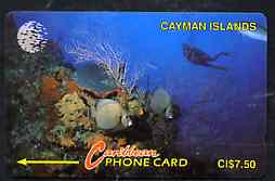Telephone Card - Cayman Islands $7.50 phone card showing Diver and Sea bed with Corals & Fish
