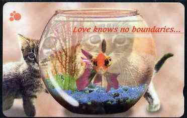 Telephone Card - Singapore $20 phone card showing 2 Kittens & Goldfish Bowl (Love knows no boundaries)