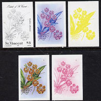 St Vincent 1985 Orchids $3 (SG 853) set of 5 imperf progressive proofs comprising 3 individual colours plus 2 & 3-colour composites unmounted mint. NOTE - this item has been selected for a special offer with the price significantly reduced