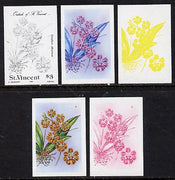St Vincent 1985 Orchids $3 (SG 853) set of 5 imperf progressive proofs comprising 3 individual colours plus 2 & 3-colour composites unmounted mint. NOTE - this item has been selected for a special offer with the price significantly reduced
