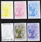 St Vincent 1985 Orchids 35c (SG 850) set of 6 imperf progressive proofs comprising the 4 individual colours plus 2 & 3-colour composites unmounted mint