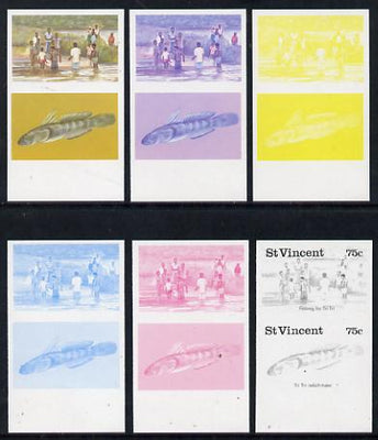 St Vincent 1986 Freshwater Fishing (Tri Tri) 75c set of 6 imperf progressive proofs in se-tenant pairs comprising the 4 individual colours plus 2 & 3-colour composites (as SG 1045a) unmounted mint