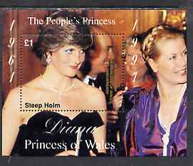 Steep Holm 1998 Diana, The People's Princess perf souvenir sheet #1 (£1 value 'Attending a Function'),opt'd In Memorium, 1st Anniversary unmounted mint