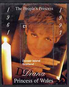 Davaar Island 1998 Diana, The People's Princess perf souvenir sheet (£1 value showing candle-lit picture) opt'd In Memorium, 1st Anniversary unmounted mint