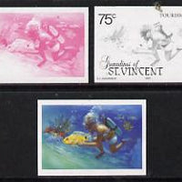 St Vincent - Grenadines 1985 Watersports 75c (Scuba Diving) set of 3 imperf progressive proofs in black only, red only and 3-colour composite (as SG 388) unmounted mint