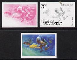 St Vincent - Grenadines 1985 Watersports 75c (Scuba Diving) set of 3 imperf progressive proofs in black only, red only and 3-colour composite (as SG 388) unmounted mint