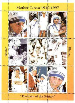 Bhutan 1997 Mother Teresa Commemoration sheetlet containing set of 9 values (with Pope & Princess Di) unmounted mint SG 1262-70
