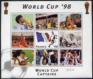 Bhutan 1998 Football World Cup unmounted mint sheetlet of 9 World Cup Captains (8 stamps plus label)