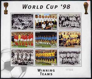 Bhutan 1998 Football World Cup unmounted mint sheetlet of 9 Winning Teams,(8 stamps plus label)
