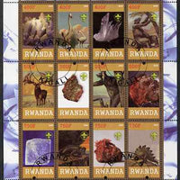 Rwanda 2009 Prehistoric Animals & Minerals perf sheetlet containing 12 values cto used each with Scout Logo