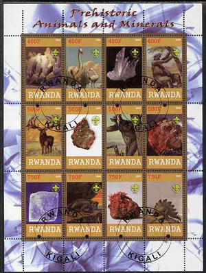 Rwanda 2009 Prehistoric Animals & Minerals perf sheetlet containing 12 values cto used each with Scout Logo