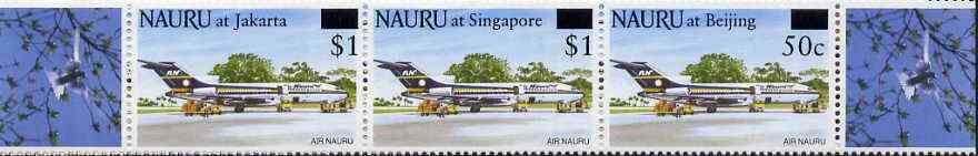 Nauru 1995 International Stamp Exhibition unmounted mint strip of 3 surcharged on 25c Aircraft, SG 438a