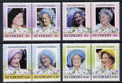St Vincent 1985 Life & Times of HM Queen Mother set of 8 (4 se-tenant pairs) unmounted mint SG 910-17