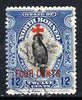 North Borneo 1918 Red Cross surcharge 12c + 4c Palm Cockatoo fine cds used, SG 243