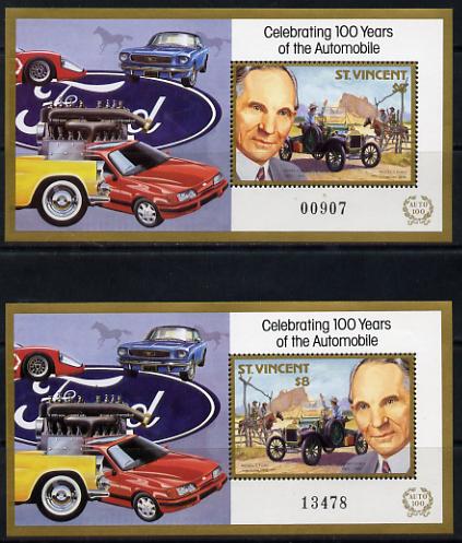 St Vincent 1987 Centenary of Motoring the unissued $8 m/sheet showing Henry Ford facing right (plus normal) Note this design was intended for issue until it was noticed that the face value was masked by the background, the portrai……Details Below