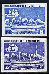 St Pierre & Miquelon 1971 Fisheries Protection Vessels 35f 'St Jehanne' two different IMPERF colour trial proofs unmounted mint (SG 492)