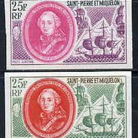 St Pierre & Miquelon 1970 Celebrities 25f Etienne Francois & Warships two different IMPERF colour trial proofs unmounted mint (SG 488)