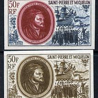 St Pierre & Miquelon 1970 Celebrities 50f Jacques Cartier & Grande Hermine two different IMPERF colour trial proofs unmounted mint (SG 489)