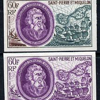 St Pierre & Miquelon 1970 Celebrities 60f Sebastien Le Gonard de Sourdeval & 17th cent French Galleons two different IMPERF colour trial proofs unmounted mint (SG 490)