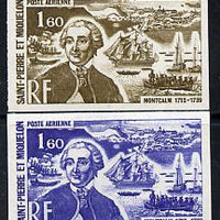 St Pierre & Miquelon 1972 Revaluation 1f60 Montcalm & Warships two different IMPERF colour trial proofs unmounted mint (SG 513)