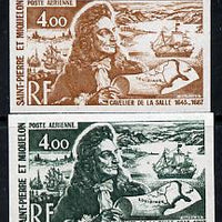 St Pierre & Miquelon 1972 Revaluation 4f La Salle, Map & Warships two different IMPERF colour trial proofs unmounted mint as SG 515