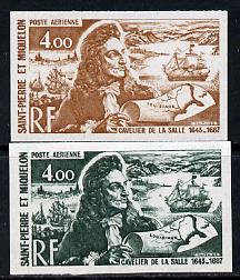 St Pierre & Miquelon 1972 Revaluation 4f La Salle, Map & Warships two different IMPERF colour trial proofs unmounted mint as SG 515