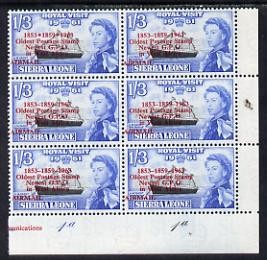 Sierra Leone 1963 Postal Commemoration 1s3d (HM Yacht Britannia) plate block of 6, one stamp with 'asterisks' variety, unmounted mint, SG 280b