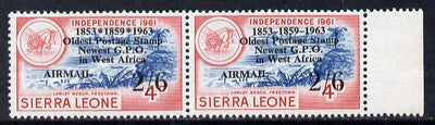 Sierra Leone 1963 Postal Commemoration 2s6s on 4d (Lumley Beach) pair, one stamp with 'asterisks' variety, unmounted mint, SG 281b