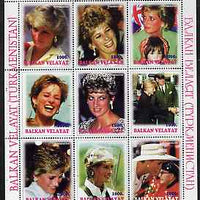 Turkmenistan (Balkan Velayat) 1998 Diana, The People's Princess perf sheetlet containing complete set of 9 unmounted mint