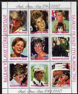 Turkmenistan (Balkan Velayat) 1998 Diana, The People's Princess perf sheetlet containing complete set of 9 unmounted mint