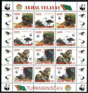 Turkmenistan (Akhal Velayat) 1998 WWF - Wild Animals & Birds perf sheetlet containing complete set of 12 (3 sets of 4) unmounted mint