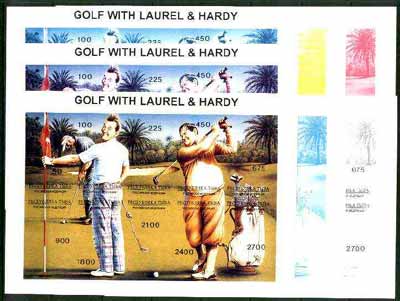 Touva 1995 Golf with Laurel & Hardy composite sheet containing 10 values, the set of 7 imperf progressive proofs comprising the 4 basic colours plus 2, 3 and all 4-colour composites unmounted mint