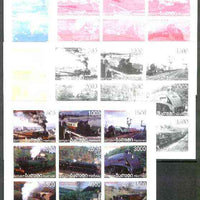 Batum 1998 Steam Locos sheetlet containing 9 values, the set of 5 imperf progressive proofs comprising the 4 basic colours plus all 4-colour composites unmounted mint