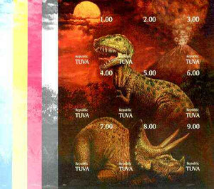 Touva 1999 Dinosaurs composite sheetlet containing 9 values, the set of 5 imperf progressive proofs comprising the 4 basic colours plus all 4-colour composites, unmounted mint