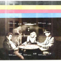 Touva 1999 High Stakes (M Monroe, James Dean & Boggar) sheetlet containing 9 values, the set of 5 imperf progressive proofs comprising the 4 basic colours plus all 4-colour composites