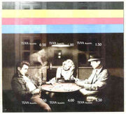 Touva 1999 High Stakes (M Monroe, James Dean & Boggar) sheetlet containing 9 values, the set of 5 imperf progressive proofs comprising the 4 basic colours plus all 4-colour composites