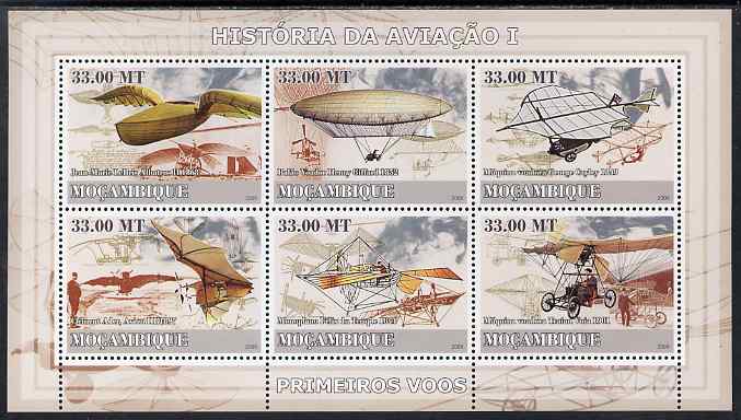 Mozambique 2009 History of Transport - Aviation #01 perf sheetlet containing 6 values unmounted mint