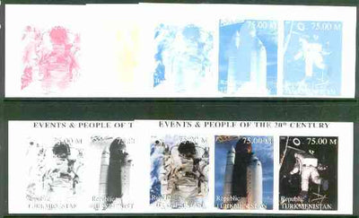 Turkmenistan 1999 Space -3 values from Events & People of the 20th Century, the set of 5 imperf progressive proofs comprising the 4 basic colours plus all 4-colour composites unmounted mint